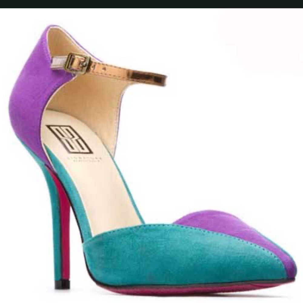 Shoe dazzle 
Turquoise and purple high heel sandals 3 inches tall